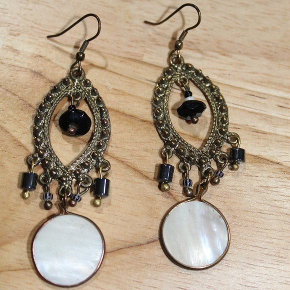 Estate Vintage Filigree Mother of Pearl Earrings - Picture 2 of 6